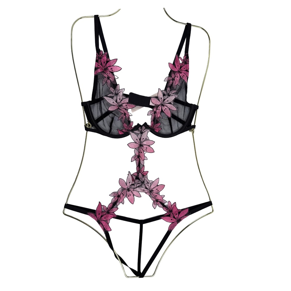 Victoria's Secret Ziggy Glam Floral Embroidery Unlined Cutout Teddy Black Pink S